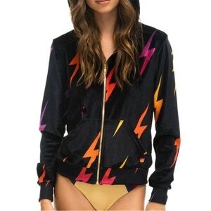 Aviator Nation Black Bomber Jacket with Orange, Pink & Purple Lightning Bolts